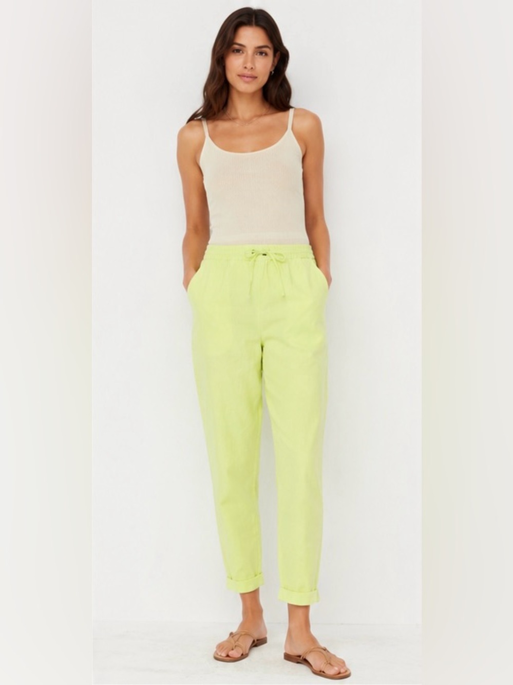 J. Crew Re-Imagined Linen Blend Pull-on Pants Lime Green Elastic Crop Ankle 10P